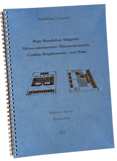 Photo of a bound copy of a dissertation. The cover is blue and features the title and two sketches of experiments.