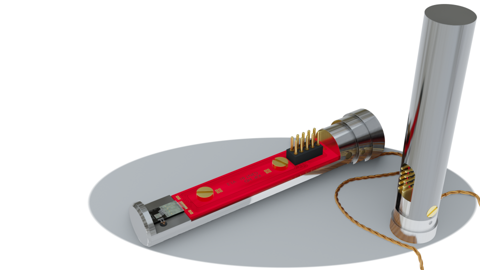 Two renders of an experiment used to measure noise. Silver and niobium cylinders support a red circuit board and microstructured chips.