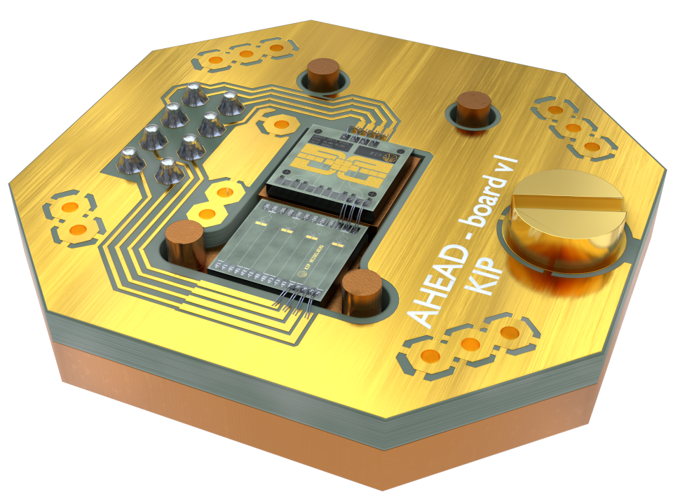 Render of the experimental platform used to support a cryogenic particle detector. A octagonal, gold circuit board surrounds two micro-fabricated chips.